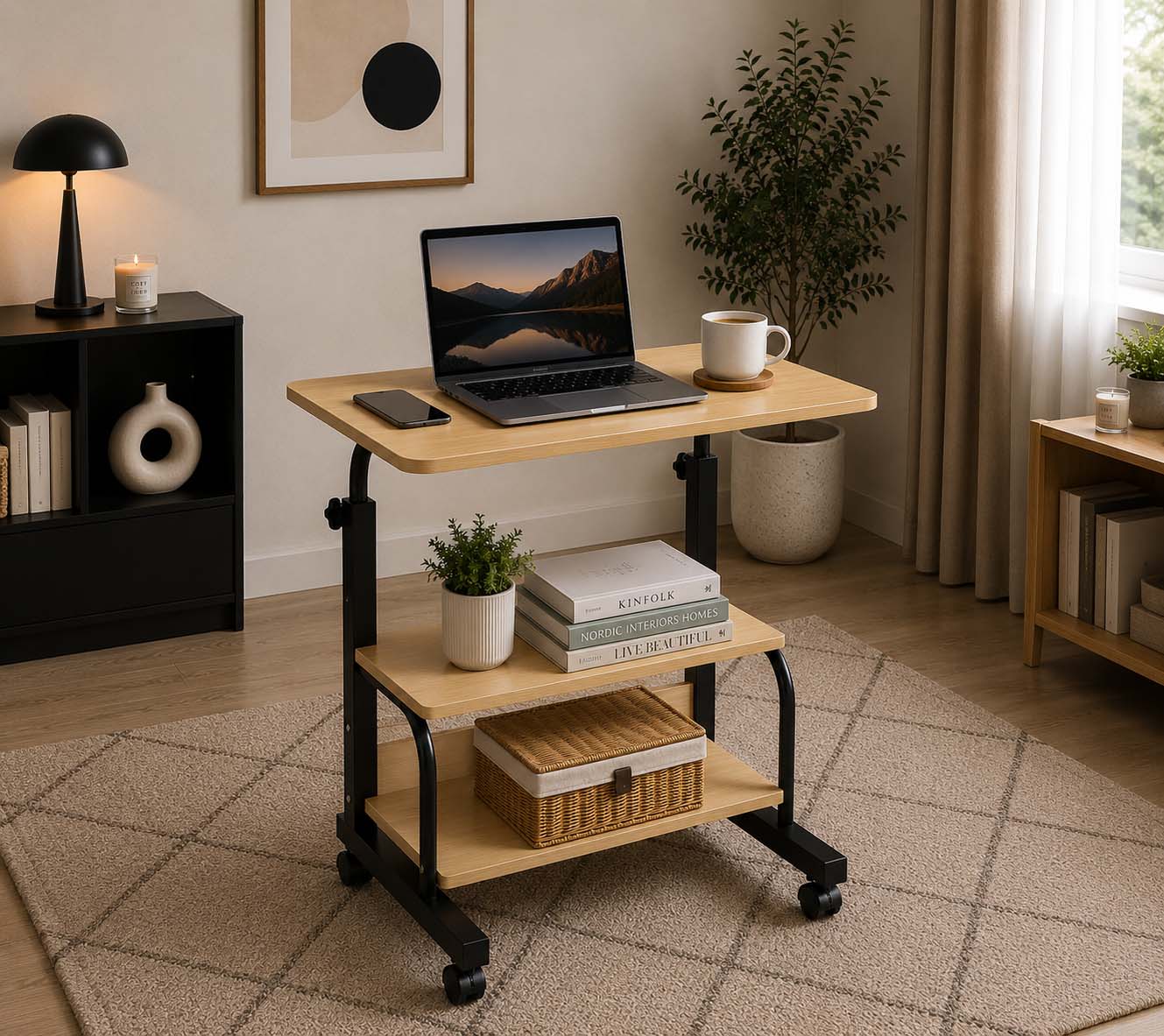 Double Layer Adjustable Table Wood With Black Stand